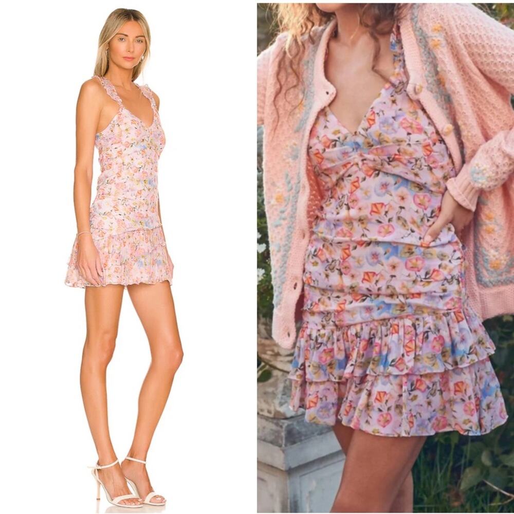 LOVESHACKFANCY Desra Ruched Floral Pastel Confetti Ruffle Mini Dress Sz 8 - Picture 3 of 10